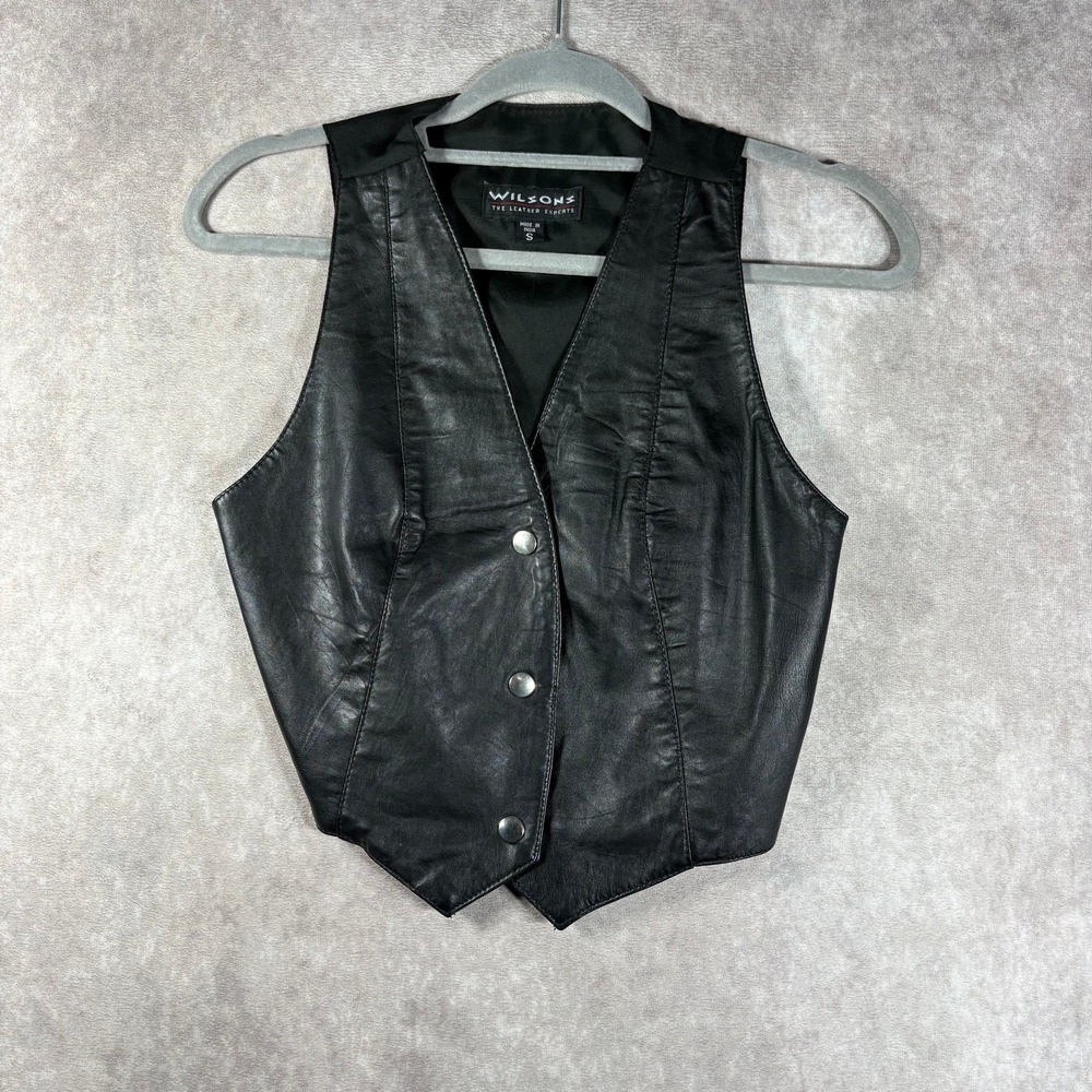 Wilsons Leather Vest Womens Small Black Snap Front Biker Motorcyle V-Neck Riding